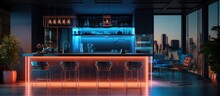 Nighttime Illustration Of A Modern Kitchen With A Counter Bar Pendant Lights Neon Lights Glass Window And Decor