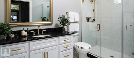 Aufkleber - A compact upscale bathroom featuring a black granite countertop white vanity cabinet gold accented shower and sliding glass door