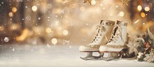 Vintage Ice Skates On A Festive Winter Backdrop For Christmas And New Year