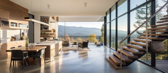 Contemporary mountain home with deck concrete stairs and scenic view