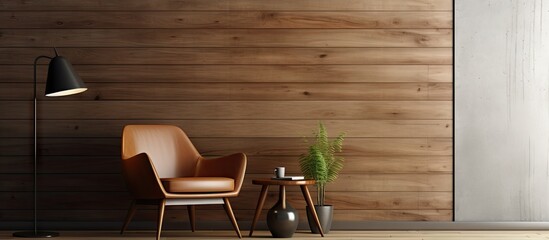 Poster - Contemporary room with cozy armchair table and wood wall
