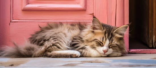 Sticker - A happy brown cat peacefully napping on a house floor next to a pink mat and charger