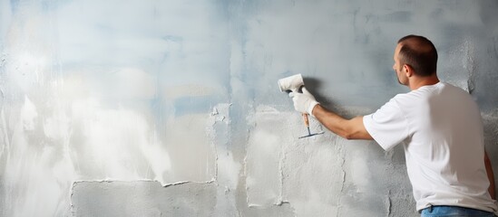 Canvas Print - Leveling a wall with plaster Coating a concrete wall with a roller