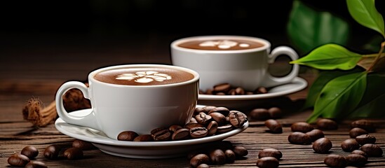 Poster - Small cups of coffee with cocoa beans chocolate slices hazelnuts and green leaves on a wooden background