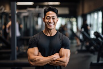 Wall Mural - Smiling portrait of a young male asian fitness trainer instructor working in a gym