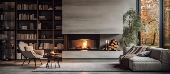 Aufkleber - Modern house interior with a fireplace equipped room