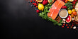 Balanced diet: salmon, vegetables, fruits  and other dietary foods. Top view on dark table background. Copy space.