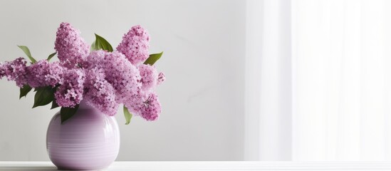 Aufkleber - Closeup of lilac flowers in a vase on a table near a white wall in a room