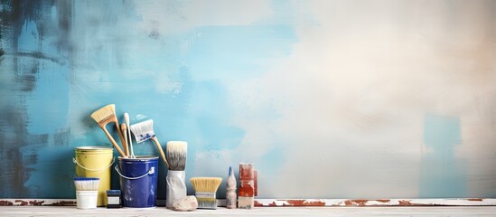 Poster - Indoor wall with tools and paints for decorators Text space