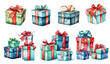© Sonika - Set of watercolor Christmas gifts in red, green and blue colors on transparent background