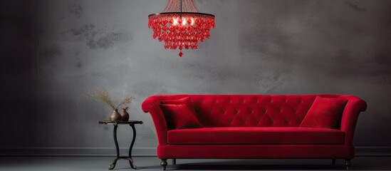 Minimalist interior with a red sofa table stand lamp and luxury chandelier