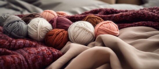Poster - Yarn balls and a wool blanket on the bedspread