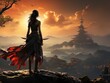 © Vitalii But - Woman warrior silhouette with samurai sword at fiery sunset in Asian style AI