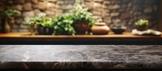 Poster - Stone tabletop with blurry kitchen background suitable for product display or montage