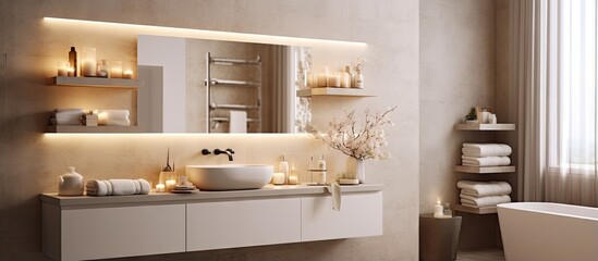 Poster - Residential building bathroom with dressing table sink towel and wall shelves with decor