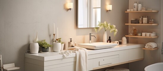 Poster - Residential building bathroom with dressing table sink towel and wall shelves with decor