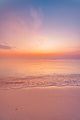 Canvas Print - Closeup sea sand beach. Panoramic beach landscape. Inspire tropical seascape waves horizon. Colorful sunset sky calm serenity tranquil relaxing sunlight summer coast. Vacation travel beautiful banner