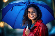Junge, Fröhliche Frau Mit Brille Mit Blauem Regenschirm