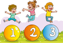 Happy Children Playing With Numbers. Vector Clip Art Illustration.