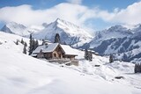Fototapeta Krajobraz -  Wooden cottage house under the snow, winter mountain landscape. 