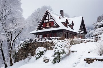 Cottage house under the snow, winter mountain landscape. 