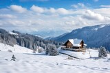 Fototapeta Krajobraz -  Wooden cottage house under the snow, winter mountain landscape. 