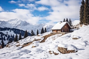  Wooden cottage house under the snow, winter mountain landscape. 