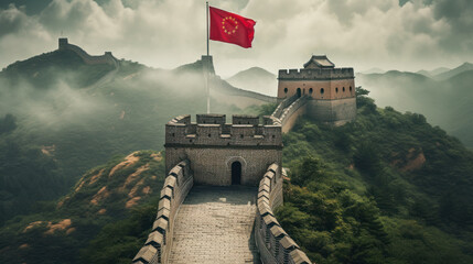 Wall Mural - China flag on the great Wall of China landscape