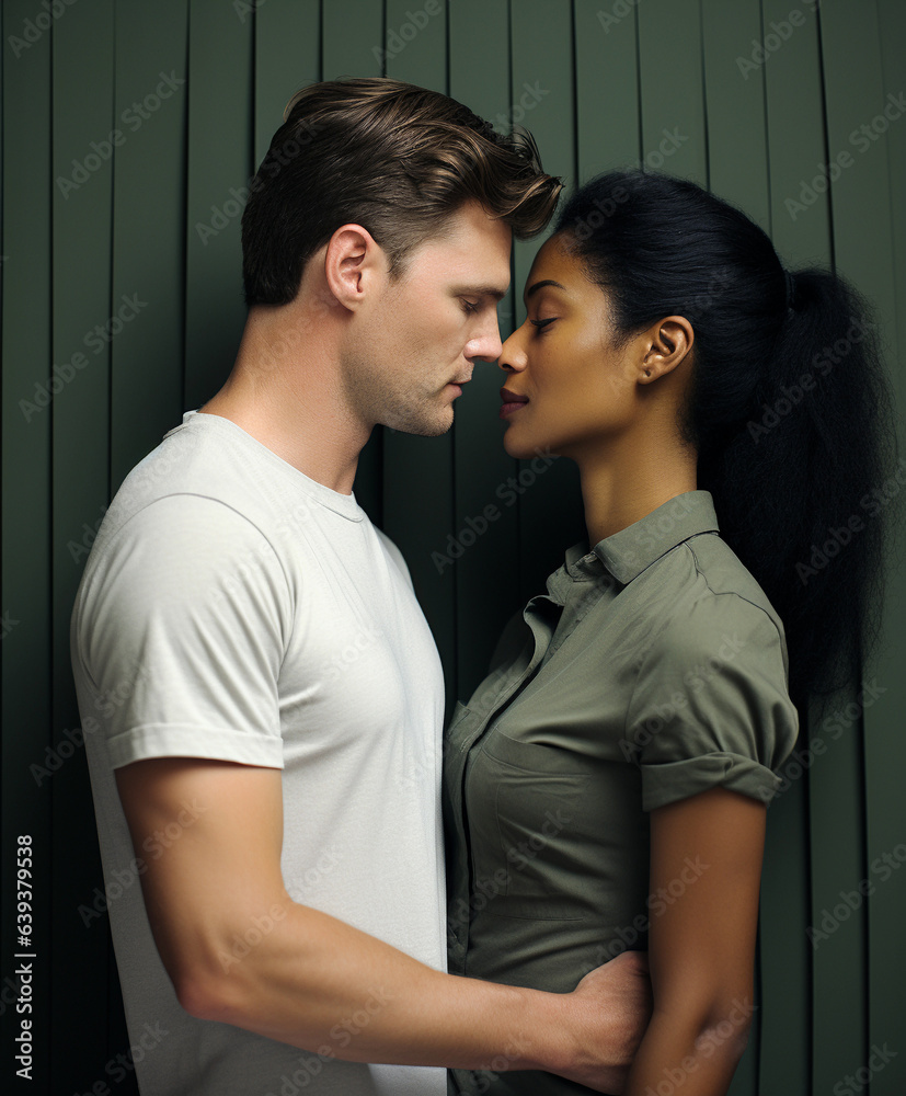 interracial couple lovingly kisses, black woman, white man Stock Photo ...