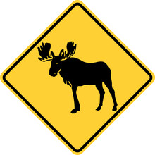 Vector Graphic Of A Usa Moose Crossing Ahead  Highway Sign. It Consists Of The Silhouette Of A Moose Within A Black And Yellow Square Tilted To 45 Degrees