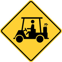 Vector Graphic Of A Usa Golf Buggy Crossing Ahead  Highway Sign. It Consists Of The Silhouette Of A Golf Buggy Within A Black And Yellow Square Tilted To 45 Degrees