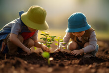 Two Little Children Planting Tree In The Garden. Earth Day Concept.