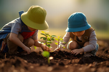 Two little children planting tree in the garden. Earth day concept.