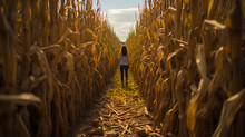 Girl Walking Through A Corn Maze - Autumn 