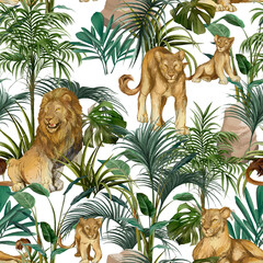 
Pride pattern in the tropics on a white background, an art drawing on which lions are depicted, a ready-made picture for printing on textiles, paper, banners, posters