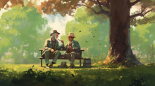 Two Elderly People Have A Talk Sitting On A Bench At A Beautiful Park 