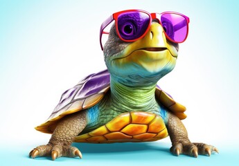 Wall Mural - Close-up of a colorful turtle with sunglasses on a white background. Painted figurine made of ceramics, plasticine, plastic, other material. Can be printed on t-shirt and other products.