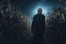 Halloween. Horrific Scene Of A Corn Field With A Scary Scarecrow. 