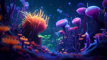 Abstract Underwater Plants, Marine Flora, Extraterrestrial Or Unknown On Seabed Seabed, Neon Glowing, Plant Life In Ocean At Depth Or Tropical