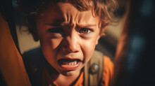 A Crying Little Boy, Toddler, Hiding In Dark Room, Fear And Nightmare, Fear And Worry, Tearful, Tears And Glazed Eyes, Terrible Childhood Or Fantasy And Fear Of Monsters