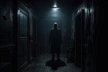Horrific Scene Of A Dark Corridor With A Scary Silhoutte. Halloween Horror. 