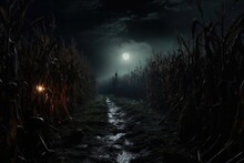 Cinematic Scene Of A Spooky Cornfield By Night. 