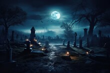 Cinematic Scene Of A Spooky Graveyard By Fullmoon. Halloween Theme.