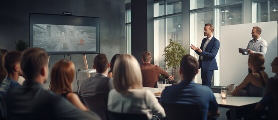 Photo of a man delivering a presentation to a attentive audience in a conference room