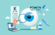 Computer checking patient vision. Eyesight laser correction. Ophthalmology, eye surgery. Flat vector illustration.