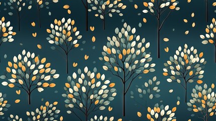 Sticker -  a blue background with a pattern of trees with leaves on them.  generative ai