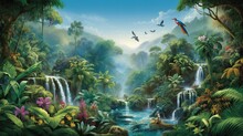  A Painting Of A Tropical Scene With Birds Flying Over A Waterfall.  Generative Ai