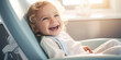 Smiling baby lying in dentist chair exposing white teeth. Creative banner with happy baby for pediatric dentistry.