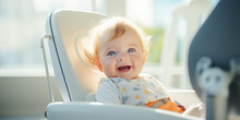 Smiling Baby Lying In Dentist Chair Exposing White Teeth. Creative Banner With Happy Baby For Pediatric Dentistry.