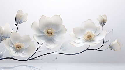 Poster -  a group of white flowers on a white background with a silver stem.  generative ai